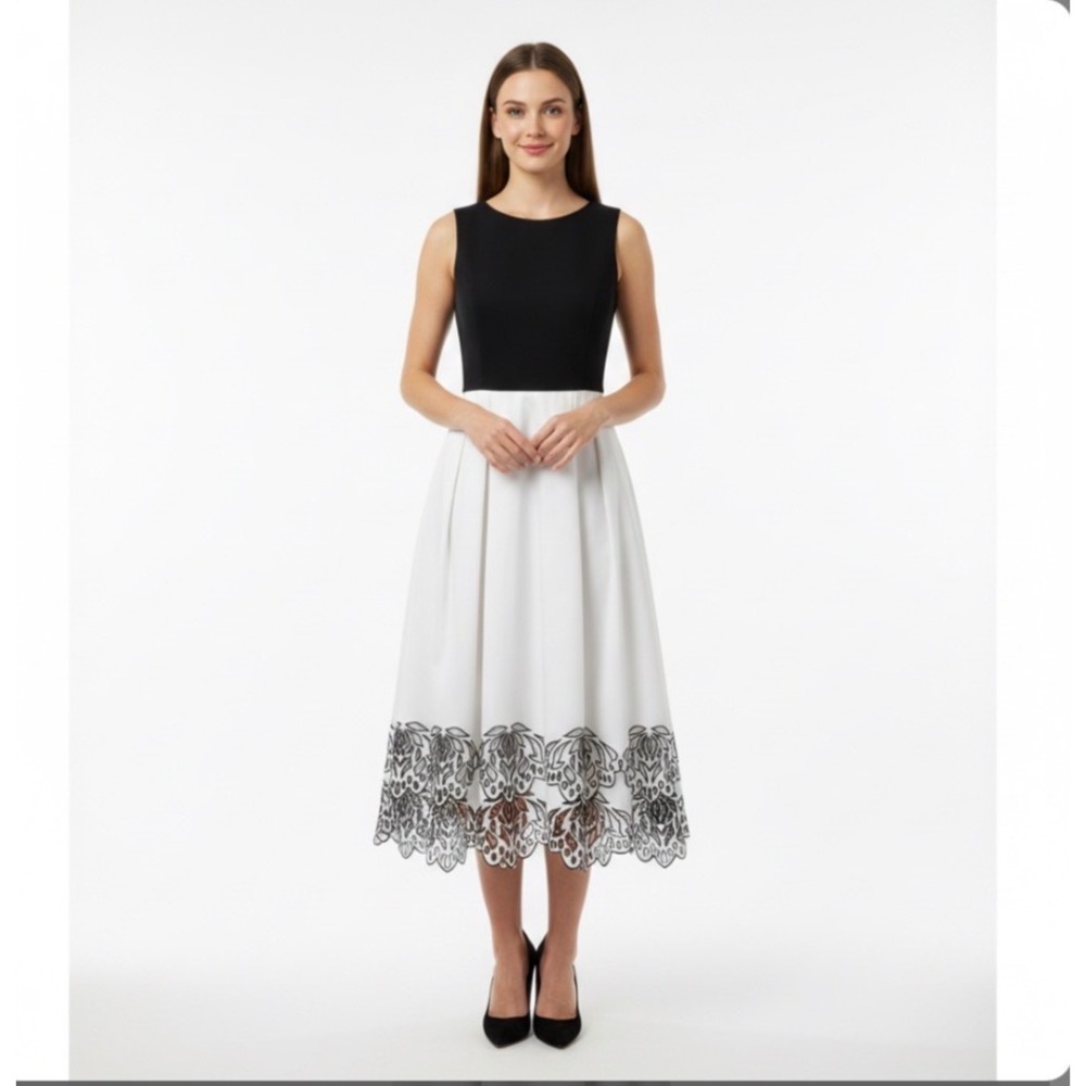 Tahari Arthur S.‎ Levine Dress Womens 4 Black White Eyelet Laser Cut Fit Flare